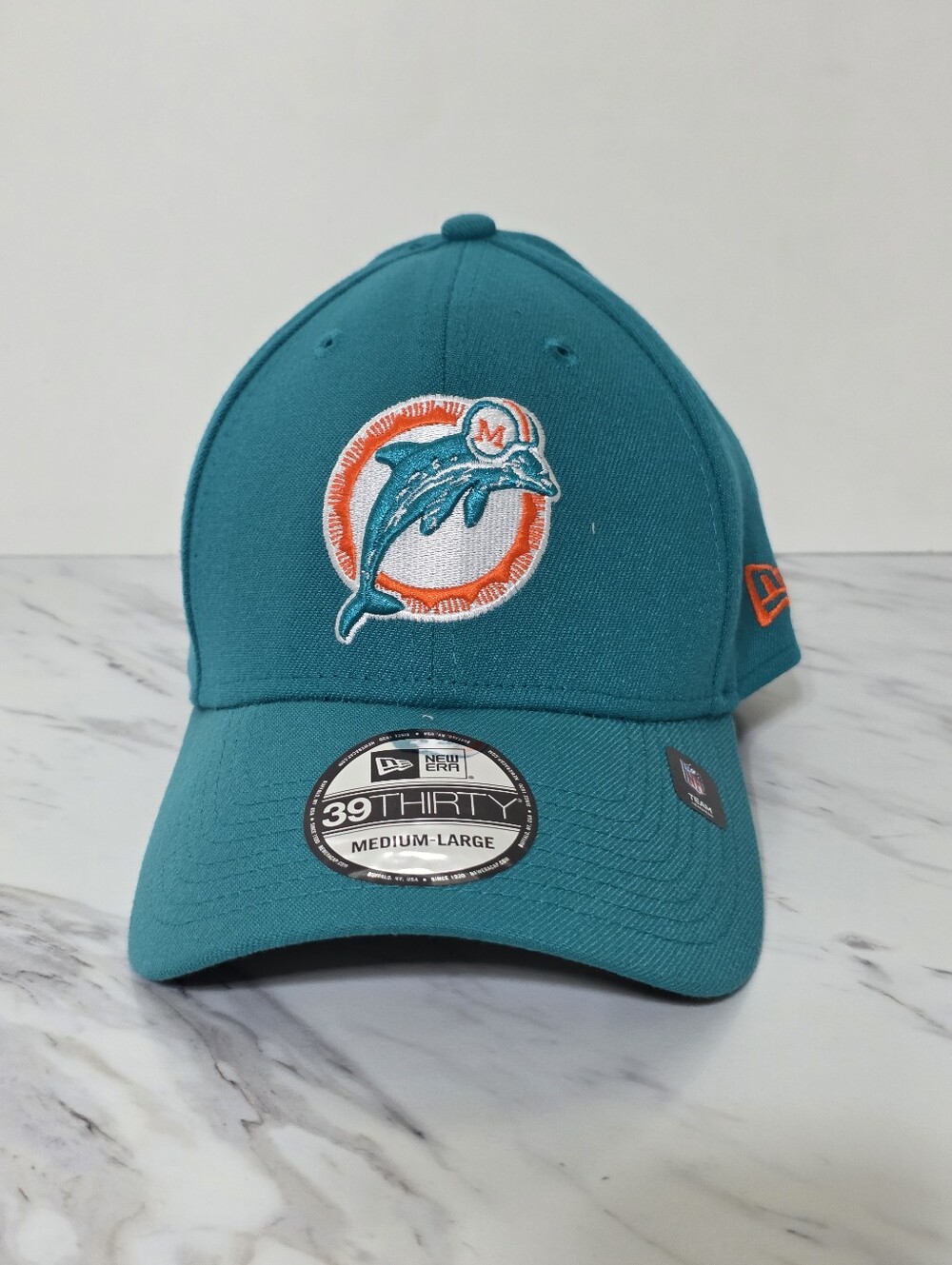 New Era Teal Miami Dolphins 39THIRTY Stretch Fit Cap with Orange Accent